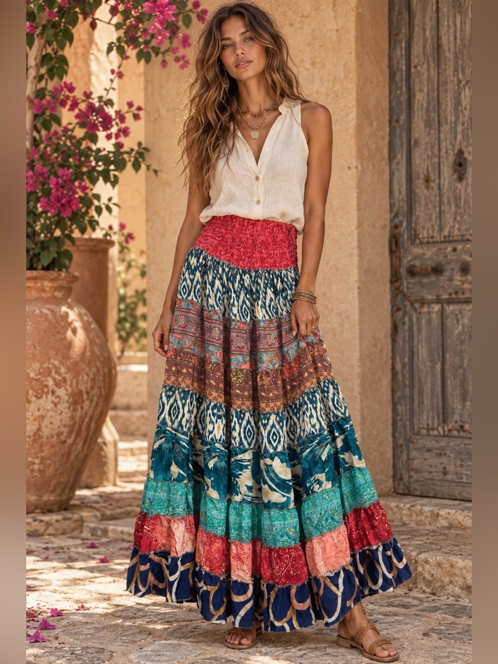 Bohemian Tiered Maxi Skirt in Coral, Teal and Navy